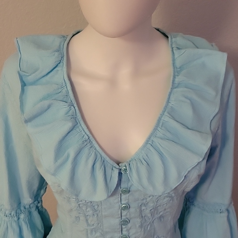 G DESIGNS Icy Blue Floral Embroidered Ruffle Bell Sleeve Button Down Shirt - Picture 6 of 10